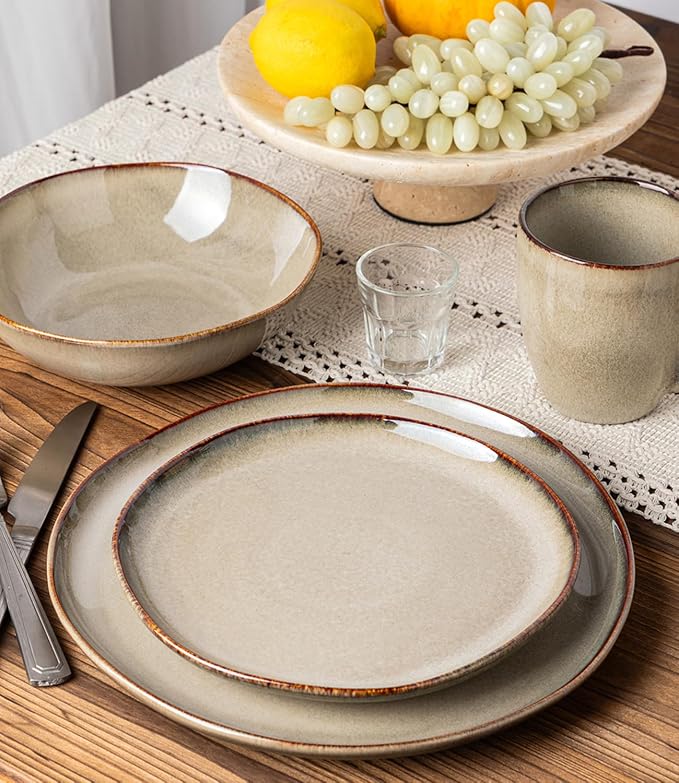GBHOME Stoneware Dinnerware Sets for 4,12 Piece Rustic Plates and Bowls Set | Earthenware Handmade Reactive Glaze Plate Sets, Chip Resistant Ceramic Dishes, Microwave & Dishwasher Safe, Driftwood Taupe