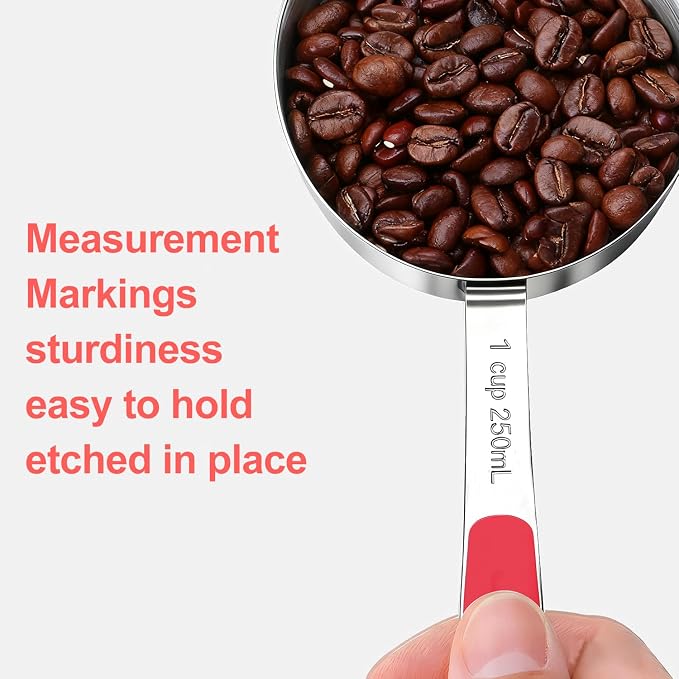 Bopei Measuring Cups and Spoons Set Stainless Steel 10 Piece for Cooking and Baking (5 Cups + 5 Spoons, Red Handle)