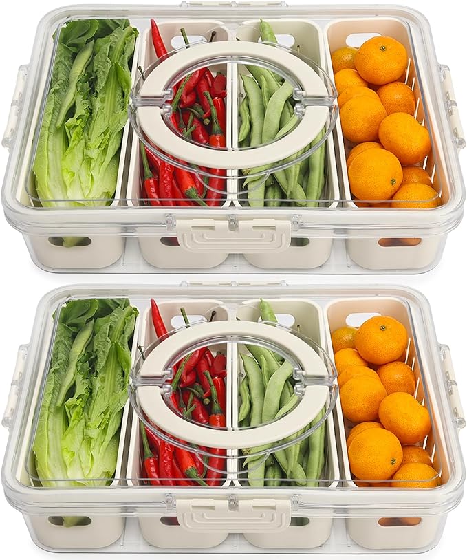 2 Pcs Salad Bar Containers for Fridge with Lid, Fruit Storage Veggie Tray | Salad Prep Container with 4 Removable Strainers, Berry Box Fresh Produce Saver Lettuce Keeper for Refrigerator Kitchen Picnic