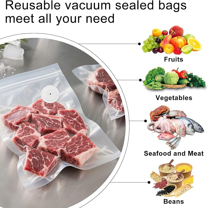 MEGAWISE Reusable Vacuum Zipper Bags 15Pcs 10×11in, BPA‑Free Food Storage Bags with Air Valve & 5 Seal Clips for Sous Vide Cooking, Freezer & Microwave Heating