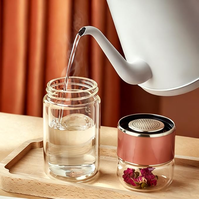 Yosoo Health Gear Tea Infuser Bottle 420ml Double Layer Stainless Steel Leak Proof Separating Bottle Reusable Glass Water Bottle for Office Travel Home Rose Gold