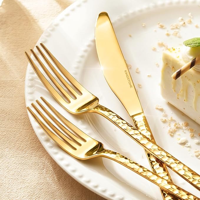20 Piece Gold Silverware Set, 18/10 Stainless Steel Hammered Flatware for 4 | KINGSTONE Flatware set Includes Fork Spoon Knives, Cutlery Utensil Set for Party,Wedding, Mirror Polished Dishwasher Safe