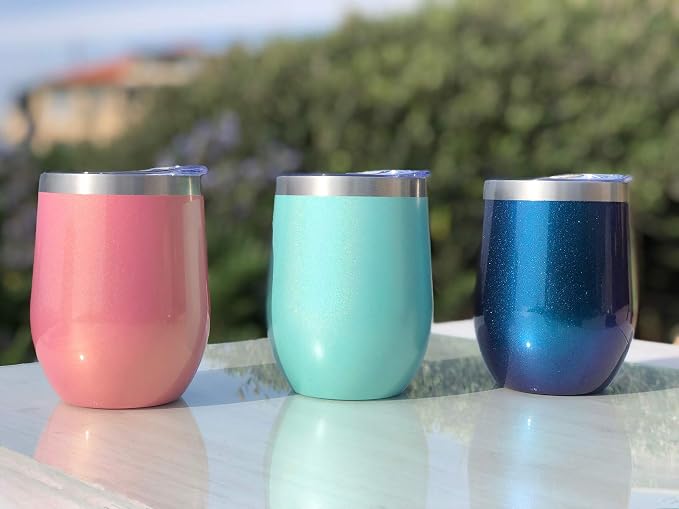 CHILLOUT LIFE 12 oz Stainless Steel Tumbler with Lid & Gift Box - Wine Tumbler Double Wall Vacuum Insulated Travel Tumbler Cup for Coffee, Wine, Cocktails, Ice Cream - PINK SPARKLE