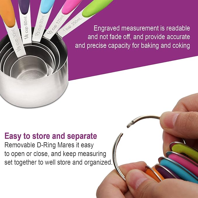 Measuring Cups and Spoons Set 11 Piece. Includes 10 Stainless Steel Measuring Spoons and Cups Set and 1 Plastic Measuring Cup. Liquid Measuring Cups Set and Dry Metal Measuring Cup Set