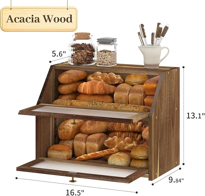 Kitsanery Bread Box for Kitchen Countertop, Acacia Wood Bread Storage Container, 2 Layer Large bread holder, Pantry Organizers, Corner Vintage Decor
