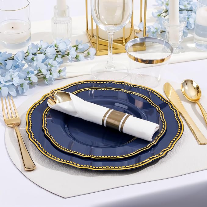 350 Pcs Blue and Gold Plastic Plates for Wedding & Party | Blue Plastic Dinnerware Set Includes 50 Dinner Plates, 50 Dessert Dinnerware, 50 Cups, 50 Rolled Napkin Cutlery