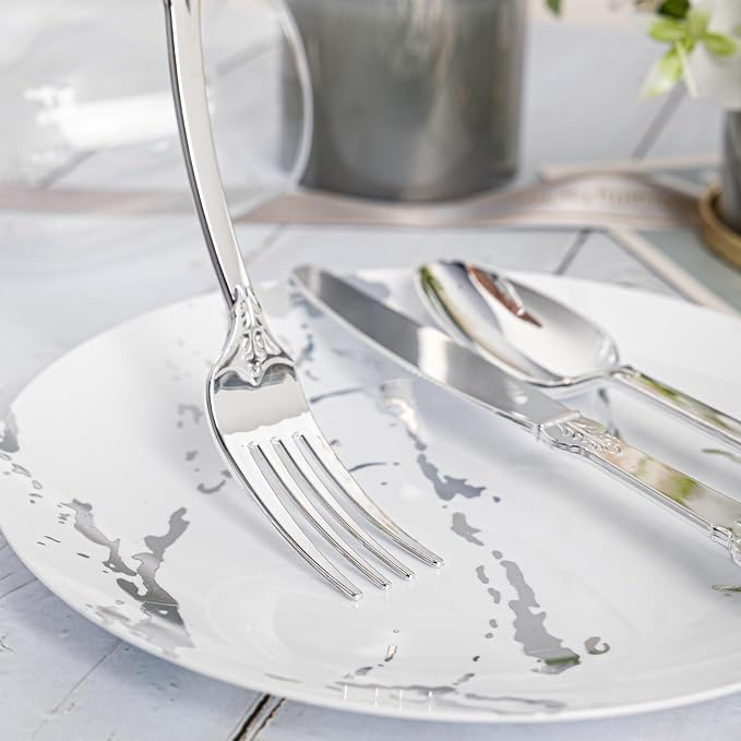 300PCS Silver Plastic Silverware, Vintage Disposable Utensils & Cutlery | 100 Fancy Forks, Spoons, Knives, Heavy Duty, BPA-Free, for Party, Weddings, Birthday & Holiday