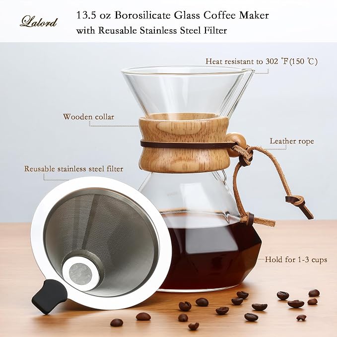 Lalord Pour Over Coffee Maker, 400ml/13.5oz Borosilicate Glass Carafe with Stainless Steel Filter & Modern Wooden Collar, 2 Cups Capacity, Clear