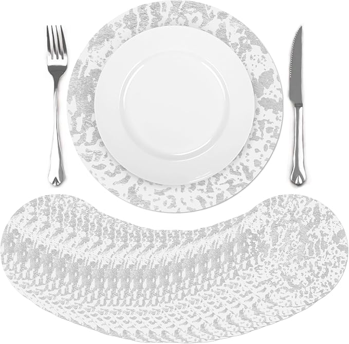 comfoyar Disposable Sliver Placemats Set of 50, Metallic Round 13 Inch Foil Mesh Pressed Doilies Place Mats, Table Mats for Dining Party Weddings Birthday Holiday Kitchen Home, Tableware Decoration