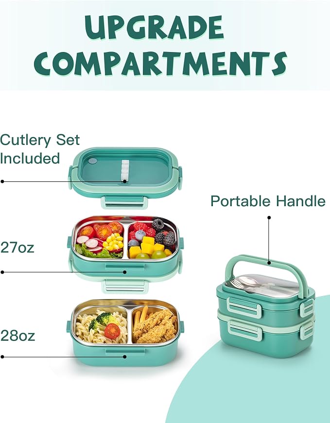 Lille Home Stackable Stainless Steel Bento Lunch Box + Insert Cutlery, 56oz | 2 Tier Leakproof Metal Lunch Boxes, 4-Compartment Food Containers for Work, Picnic, Meal Prep & Portion Control (Green)