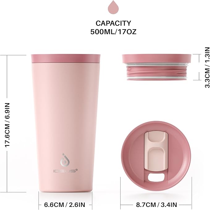Ideus 17 oz Travel Coffee Mug, Double Wall Vacuum Stainless Steel Insulated Coffee Tumbler With Lid, Splash-Proof & Cup Holder Friendly, Keeps Drinks Hot/Cold, Dishwasher Safe, Blush