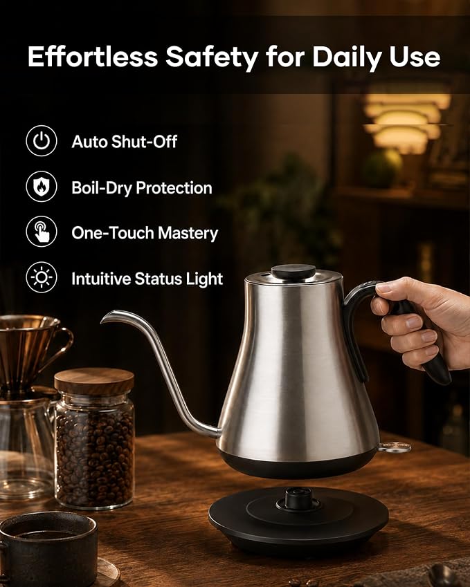 Cocinare Gooseneck Electric Kettle 0.8L, Fast Boil Pour Over Coffee, Tea | 1440W Fast Boil, 304 Stainless Steel Interior, Gooseneck Precision Spout, Auto Shut-Off & Boil-Dry Protection, Loos Silver