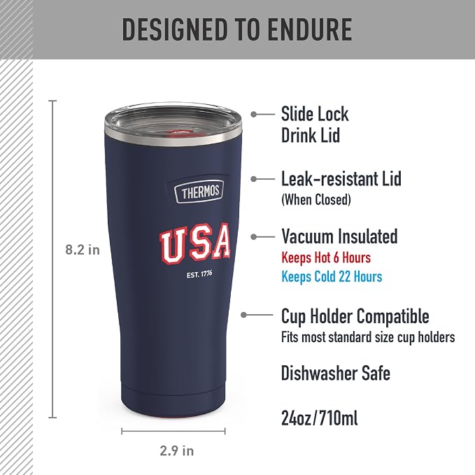 THERMOS Icon Series 24oz Stainless Steel Tumbler with Slide Lock Lid, Leakproof, Fits Cupholder, Dishwasher Safe, Griptec™ Non‑Slip Base, Keeps Drinks Hot 6 Hrs/Cold 22 Hrs, Navy USA