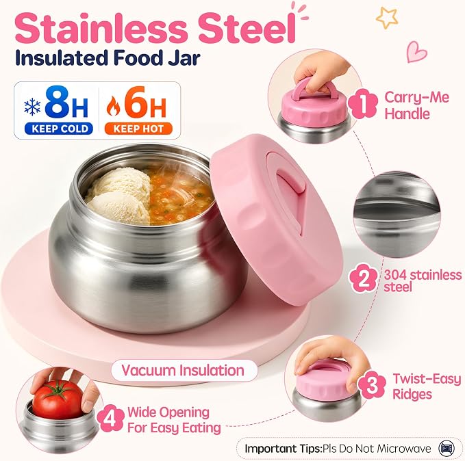 JSLOVE Bento Lunch Box with Leak Proof Thermos Food Jar for Kids, Food Lunch Containers for Girls with 4 Compartments, BPA-Free with Utensils, Food Picks, Sauce Jar & Silicone Lunch Box Dividers