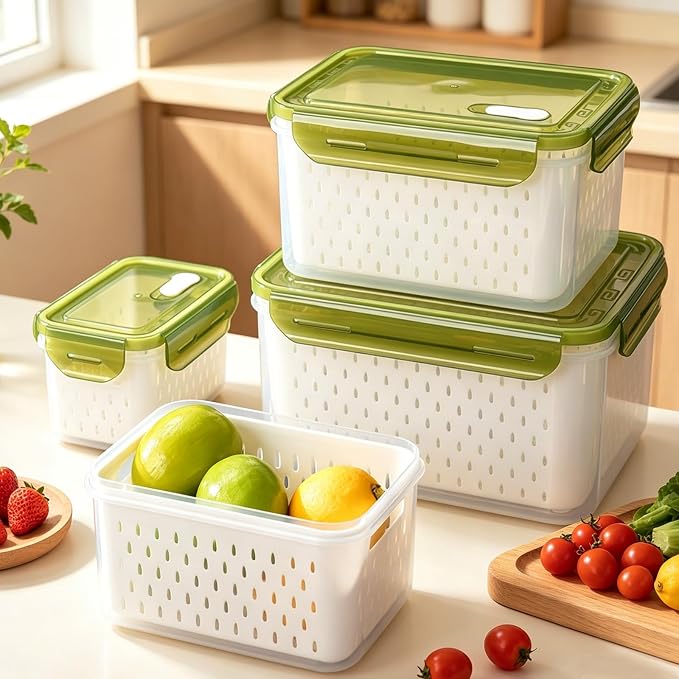 TBMax 8 Pieces Airtight Fruit Storage Containers for Fridge with Air Circulation Vent, 4 Pack Produce Saver with Colander for Berry Lettuce Salad Vegetable Storage, Refrigerator Organizers- Green