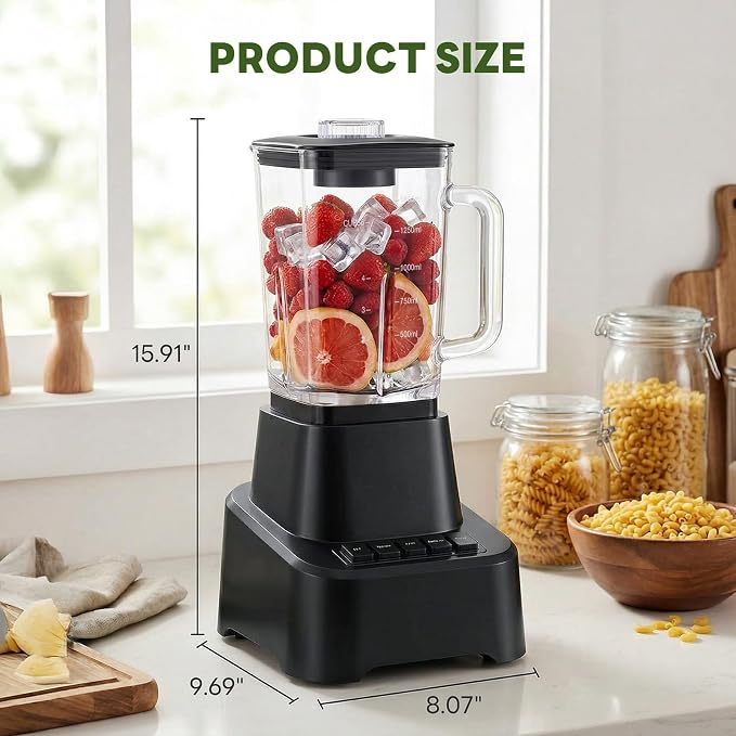 OLIXIS Professional Blender for Smoothies, Full-Size Kitchen Blender with 850 Peak Watts & 54oz Large Glass Pitcher, 4 Speeds with Pulse for Ice Crushing Frozen Fruits, Dishwasher Safe, Black