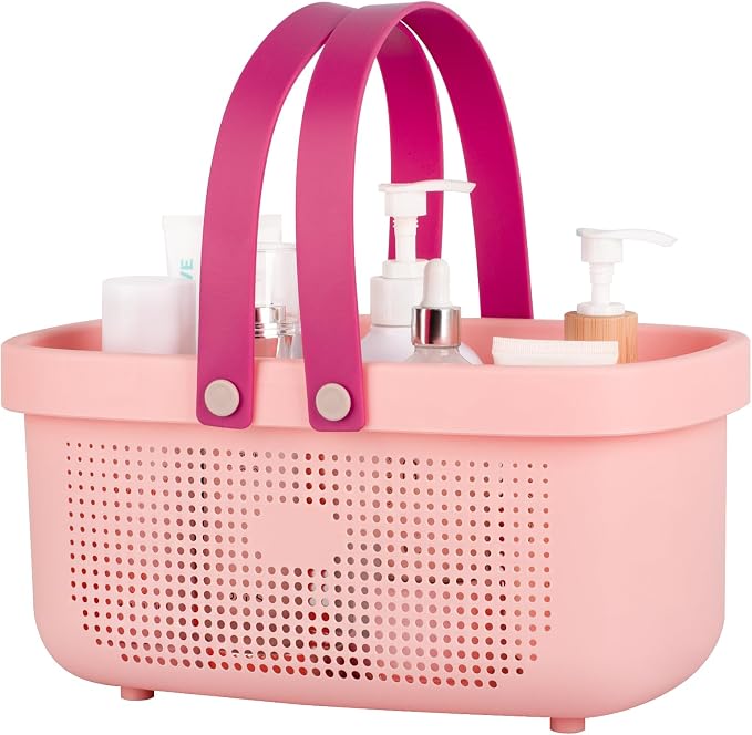 Portable Shower Caddy Basket with Handles Plastic Storage Basket Light Pink | Sturdy Drainage Large Capacity Organizer Basket with Silicone Handles for Bathroom Kitchen Bedroom College Dorm Essentials