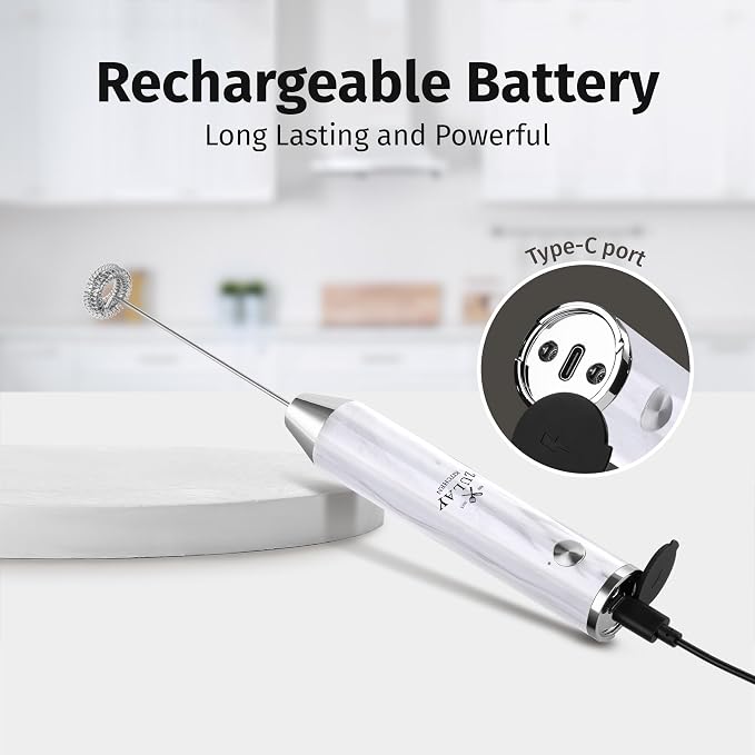 Zulay Kitchen Rechargeable Milk Frother Handheld - Frother Wand, Drink Mixer, Electric Whisk Frother, for Cappuccinos, Matcha & Protein Powder - Lux Double Whisk 2 Speed Waterproof 2000mAh Marble