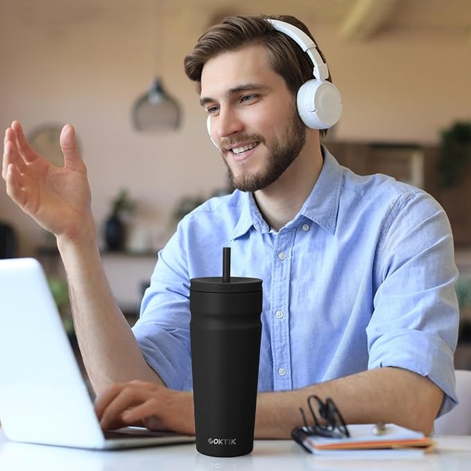 COKTIK 24oz Insulated Tumbler with Lid and Straw Iced Coffee Cup Reusable Stainless Steel Travel Mug Water Bottle Cupholder Friendly for Women Men Her Him (Black)