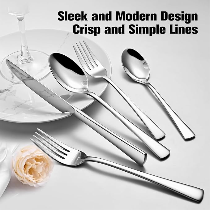 18/10 Flatware set for 12, 60 Piece Stainless Steel Silverware Cutlery Set | KINGSTONE Forged Cutlery Set, Mirror Polished Knives Fork and Spoon Utensils, Dishwaher Safe for Restaurant, Wedding, Party