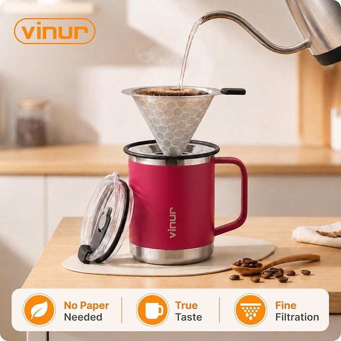 VINUR Insulated Pour Over Coffee Maker-12 oz Stainless Steel Coffee Maker | Double Wall Insulated Coffee Maker With Stainless Steel Filter for Home Office Outdoor, Gift for Men & Women (Fuchsia Red)