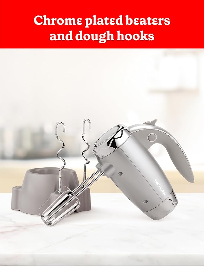 Betty Crocker 7-Speed Power-Up™ Hand Mixer with Stand, BC-4208S, Silver | 300 Watt Electric Mixer with Beaters and Dough Hooks, Ergonomic Electric Hand Blender for Home & Kitchen with Stand