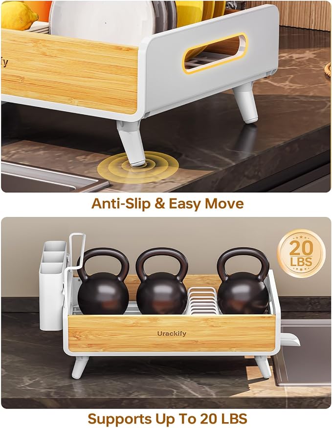 Urackify Modern Dish Rack for Kitchen Counter,Stainless Steel&Bamboo,White | Elegant Bamboo Accent, Large Capacity, Self-Draining Spout, Rust-Resistant, Removable Utensil Holder