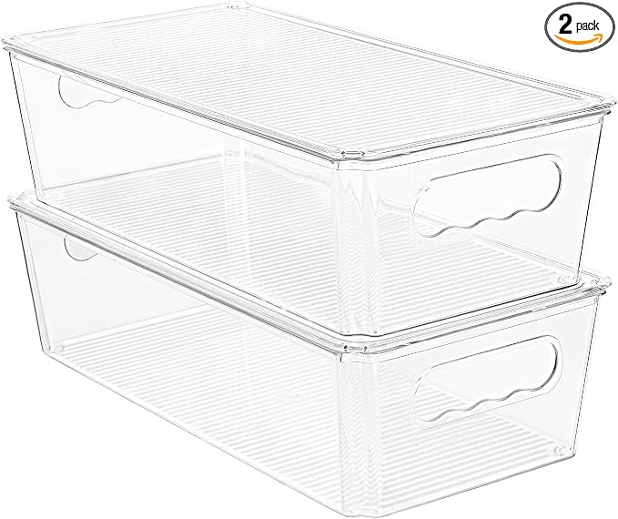 Vtopmart 2pcs Clear Stackable Storage Bins with Lids | BPA-free food-grade PET, Stackable with Lids Included, Easy to Move, For Fridge Freezer Pantry Cabinet Kitchen Organization