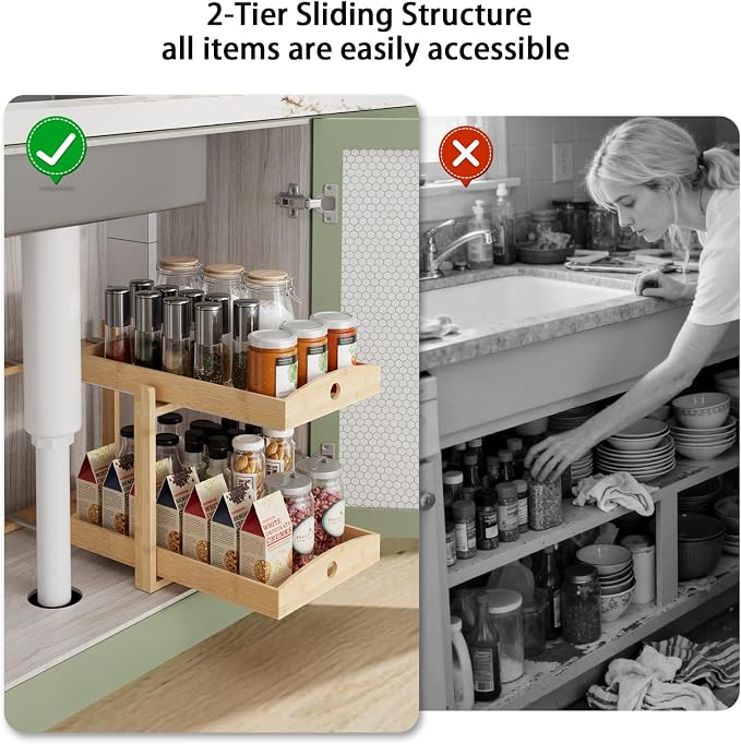 2 Pack Bamboo Under Sink Organizer, 2-Tier Sliding Drawers for Cabinets | Pull-out drawers keep cleaners and tall bottles visible, organized and easy to reach in kitchen or bathroom cabinets