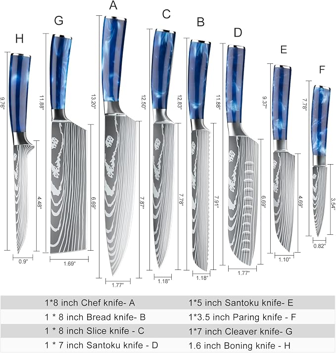 Chef Knife Sets with Roll Bag, 9 Pieces Professional Knife Set | High Carbon Stainless Steel Kitchen Chef Knife Set with Sharpener, Blue Resin Handle, Kitchen & Home Cooking, Dishwasher Safe
