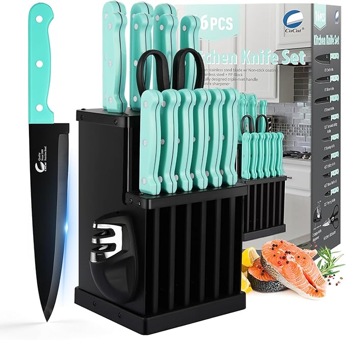 16-Piece Kitchen Knife Set with Block - High Carbon Stainless Steel Knives, Black Non-Stick Coating, Triple Riveted Forged Turquoise Handle, Dishwasher Safe, Includes Knife Sharpener, Scissors