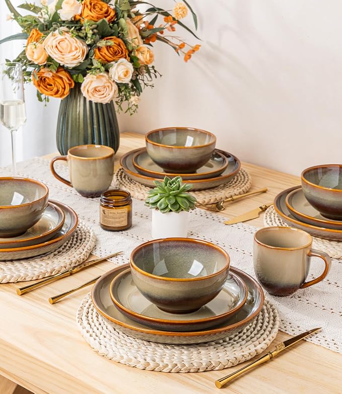 Ceramic Dinnerware Set for 4, 12-Piece Plates and Bowls Set | Handmade Reactive Glaze Dish Set, Scratch Resistant, Oven & Microwave & Dishwasher Safe, Creamy Amber