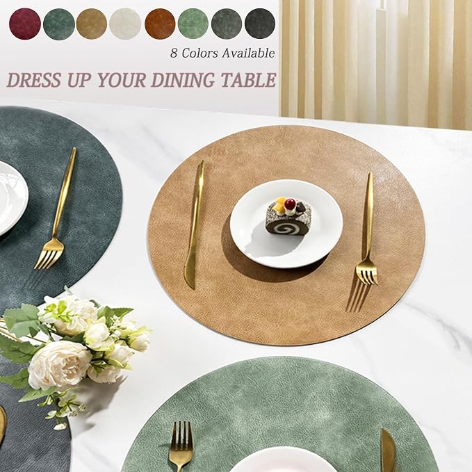 UnivoColors Placemats Round Faux Leather Placemats Set of 6-Waterproof-Wipe Clean-Heat Resistant-Anti Slip Dining Table Place Mats,Suitable for Indoor & Outdoor Use,15".Retro Dark Gray