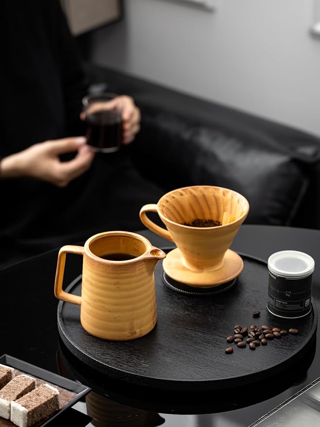 Pour Over Coffee Maker,Ceramic Coffee Maker With 40 pcs Paper Filter，15oz/450ml Pour Over Coffee Dripper (Yellow, V02)