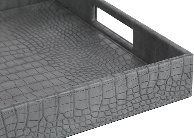 HofferRuffer Rectangle Serving Tray with Hole Handles for Coffee Table, Breakfast, Tea, Food, Butler - Countertop, Kitchen, Vanity Serve Tray, 16.2 x 12.2 x 2 inches, Faux Leather Tray (Dark Grey)
