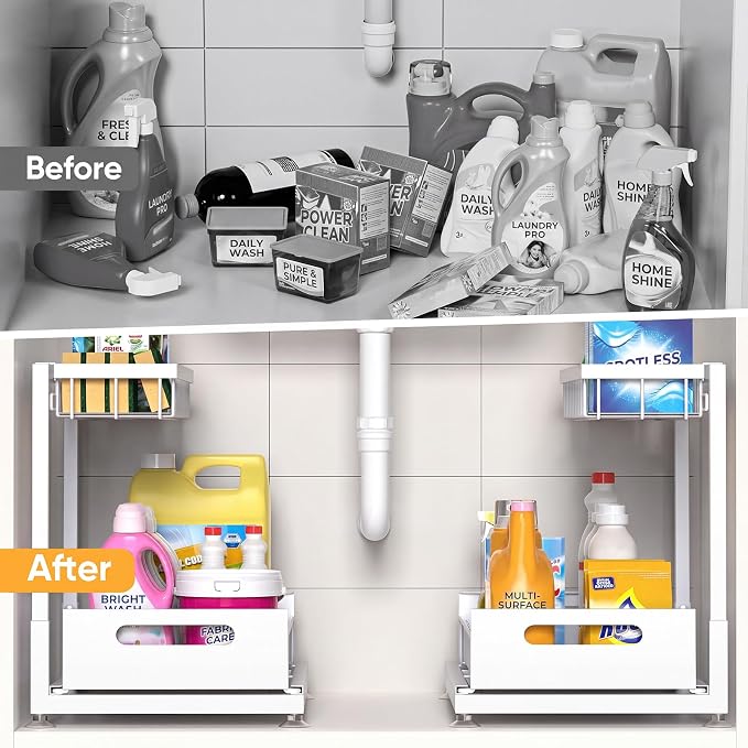 L-Shaped Under Sink Organizer, 2-Tier Pull-out Cabinet Rack 1-Pack | White Height-Adjustable Steel Rack, Sliding Grid Drawers with PP Liners, Holds 100 Lbs, Suction Base, Ideal Kitchen Storage