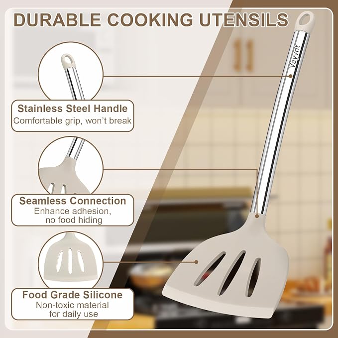 Vayvnt Kitchen Utensil Set, Silicone Utensils Dishwasher Safe, 8PCS, Khaki | Cooking Utensils Set for Non-Stick Cookware, NonToxic, Plastic-Free, Heat Resistant Up to 480℉, Cooking Spoons Spatula Tongs