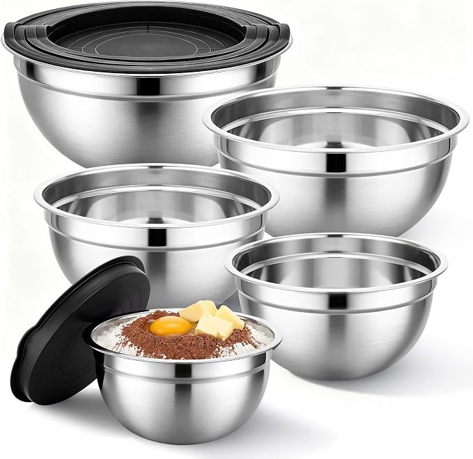 Beasea Mixing Bowls with Lids Set of 5, 1.5/2/2.5/3.4/4/5 QT Stackable Nesting Stainless Steel Bowls with Lids, for Meal Prepping, Salad, Food Serving, Baking Set for Dough, Cream, Batter