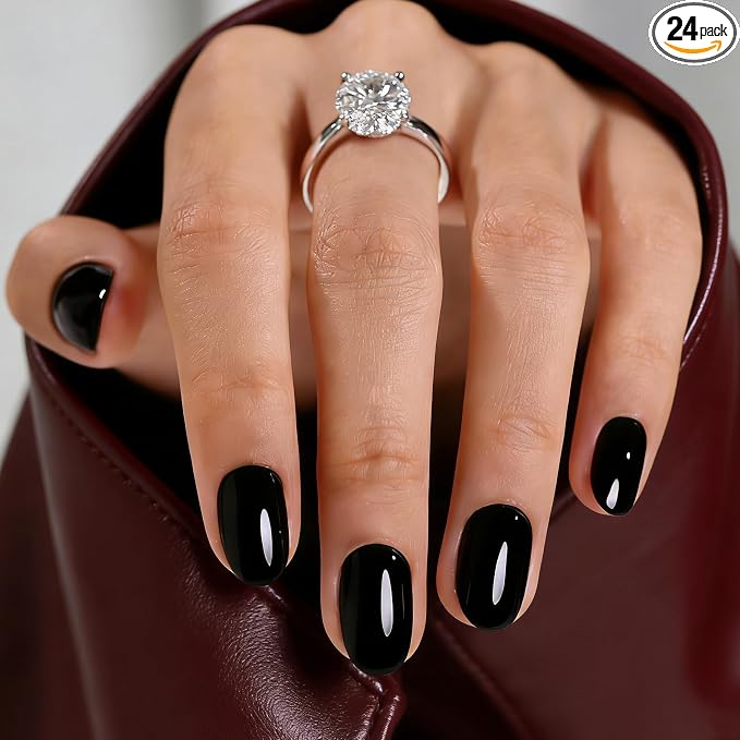 Black Short Press on Nails, Oval Fake Nails Kit Nails Press Ons | Short Oval Fake Nails,Apply Protective UV coating,Salon Quality Nails in 12 Sizes - 24 Nail Kit with Glue