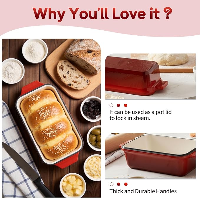Enameled Cast Iron Dutch Oven for Sourdough Bread Baking, 9×5 Dutch Oven Pot with Lid, 2 in 1 Bread Pans with Lid for Baking, Roasting & Braising, Easy Release, Oven & Induction Safe (4.2 QT,Red)