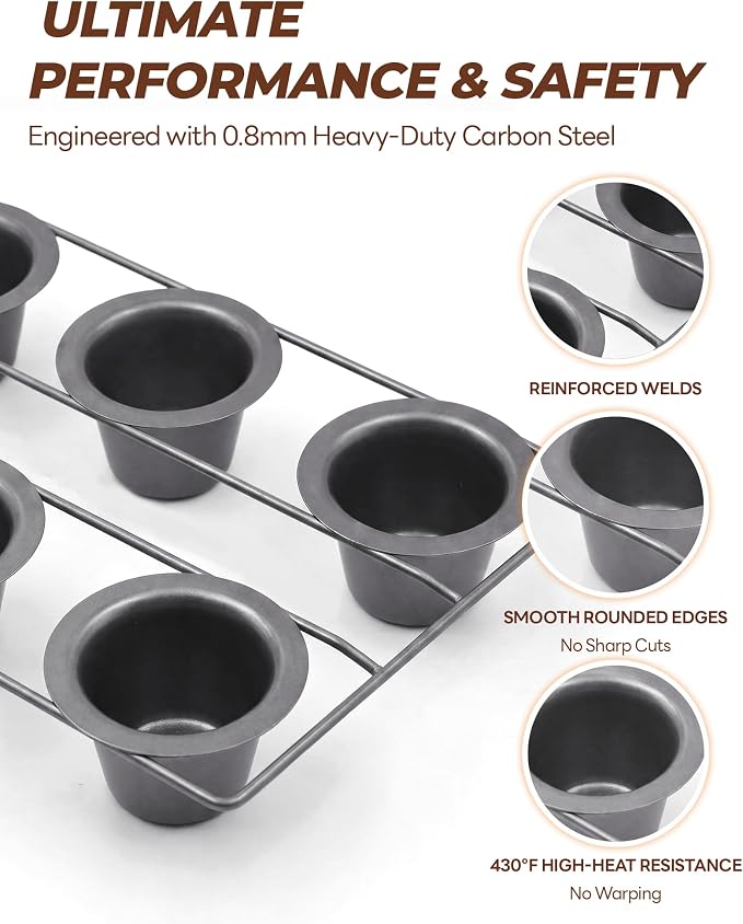 Bake Choice Nonstick 6-Cup Popover Pan, Heavy-Duty Carbon Steel | Rust-proof | Flake-free | Warp-resistant | Fast heating | Professional Yorkshire pudding pan with PFOA-free coating