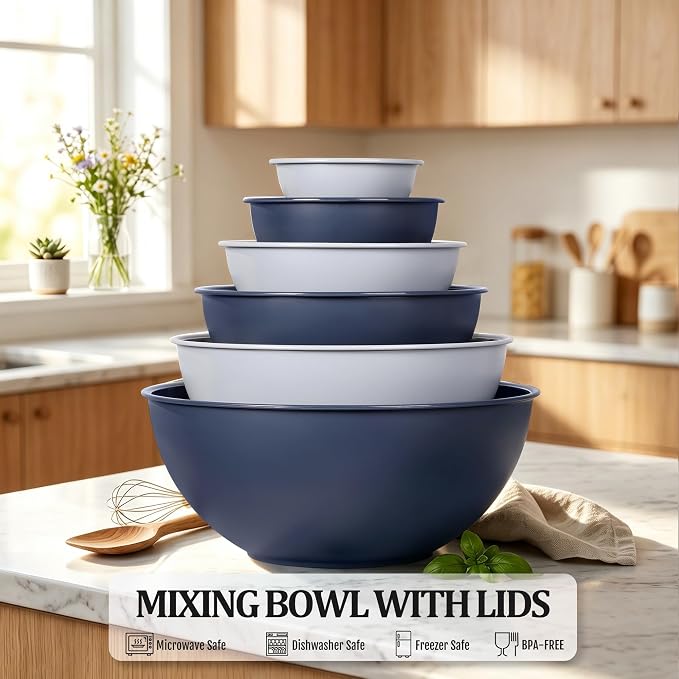 BoxedHome BPA Free Plastic Round Mixing Bowl with Lids, 12 Pack Nesting Bowls with Lids Set, Microwave and Dishwasher Safe Prep & Serving Bowls Great for Mixing, Baking, Serving (Haze Blue, 12pcs)