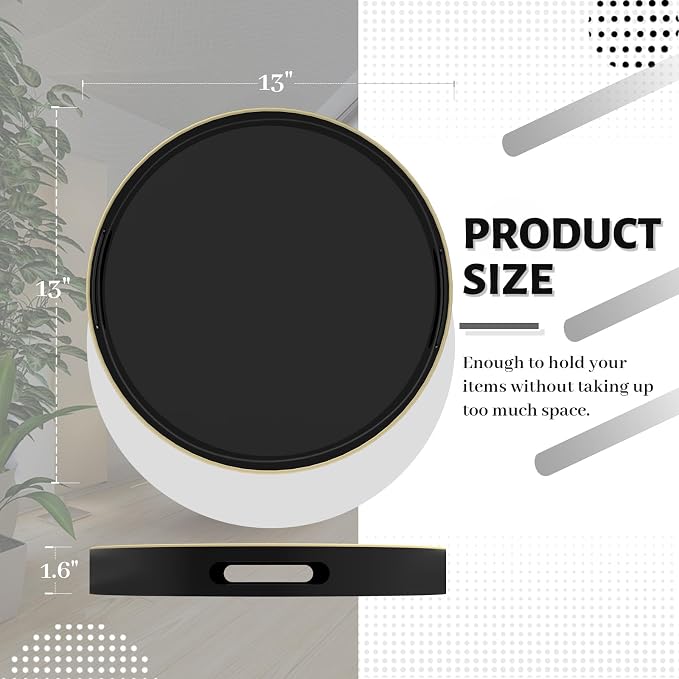 13" Black Decorative Tray, Plastic Round Serving Tray with Handles | Decorative Tray for Coffee Table, Modern Ottoman Tray, Circle Tea Tray, Round Melamine Tray for Living Room, Bathroom