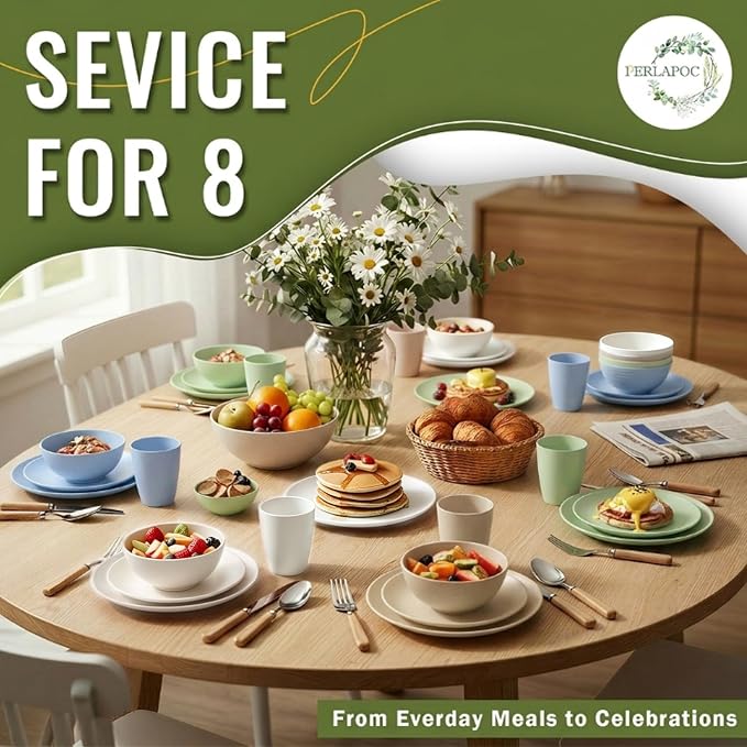 40 PCS Wheat Straw Dinnerware Sets Unbreakable Dishes Set for 8 Plastic Plates and Bowls Sets with Cups Dishwasher & Microwave Safe - Colorful