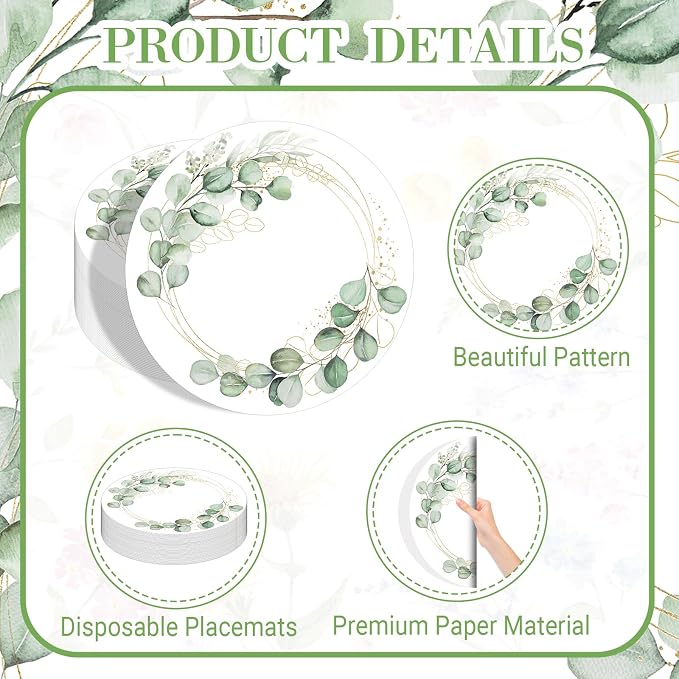 50PCS Eucalyptus & Gold Disposable Paper Placemats 13.5 Inch Summer Round Eucalyptus Leaves Table Mats for Wedding Anniversary Bride Party Supplies