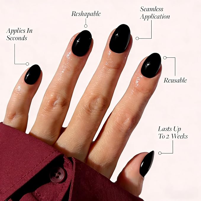 Black Short Press on Nails, Oval Fake Nails Kit Nails Press Ons | Short Oval Fake Nails,Apply Protective UV coating,Salon Quality Nails in 12 Sizes - 24 Nail Kit with Glue