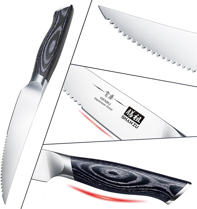 SHAN ZU 6 Pc Steak Knife Set, 4.5 In High Carbon Japanese Super Steel | Ultra Sharp Kitchen Steak Knife with K133 Ergonomic Handle, Black Tortoise Genbu Series