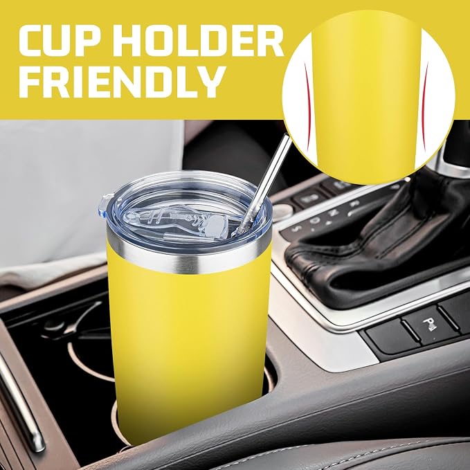 20 oz Tumbler with Lids and Straws, Stainless Steel Insulated Travel Coffee Mug, Double Wall Vacuum Insulated Tumblers, Powder Coated Coffee Tumbler for Cold & Hot Drinks (Yellow, 6 Pack)