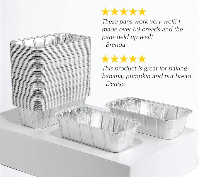 (65 Pack) 2Lb Foil Bread Pans for Baking, Disposable Bread Pans - Perfect for Baking Banana Bread, Cakes & Meatloaf - 2 Pound Aluminum Pans for Food Serving - 8.5" X 4.5" X 2.5"