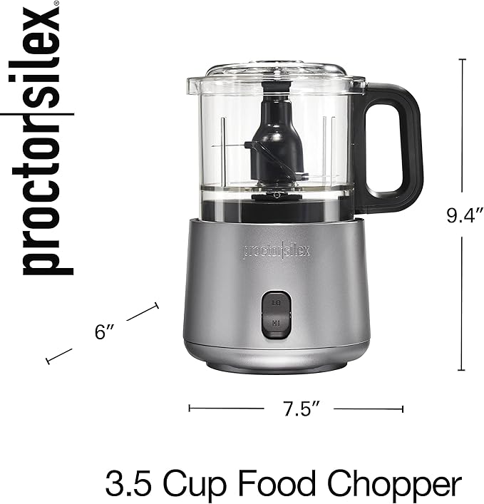 Proctor Silex Durable Electric Vegetable Chopper & Mini Food Processor | 3.5 Cup Bowl | 2 Speeds For Chopping, Puree & Emulsify | Stacking Design For Easy-Assembly | 350 Watts | Silver | 72870